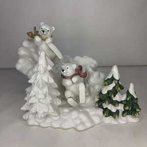 2002 Grandeur Noel Ceramic Christmas Figurine Bear Cubs‎ Snow Holiday Decor